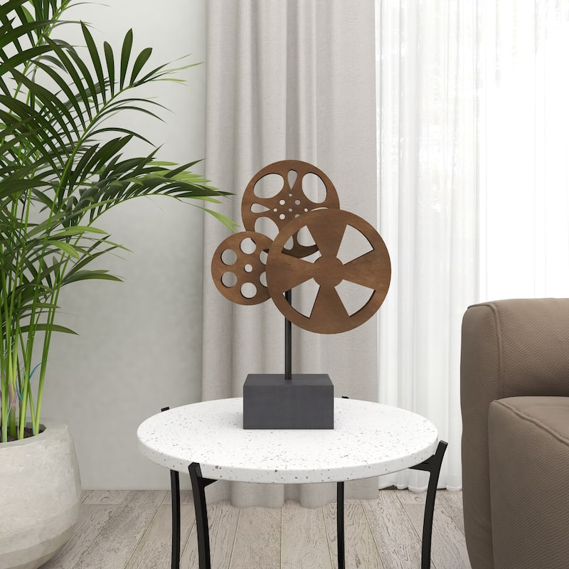 Metal Film Reel Decorative Sculpture with Elevated Block Base - Bronze - Roche River Decor