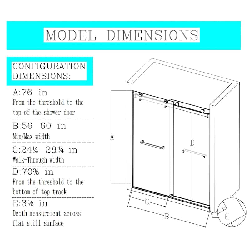 56"-60" x 76" Frameless Double Sliding Shower Door
