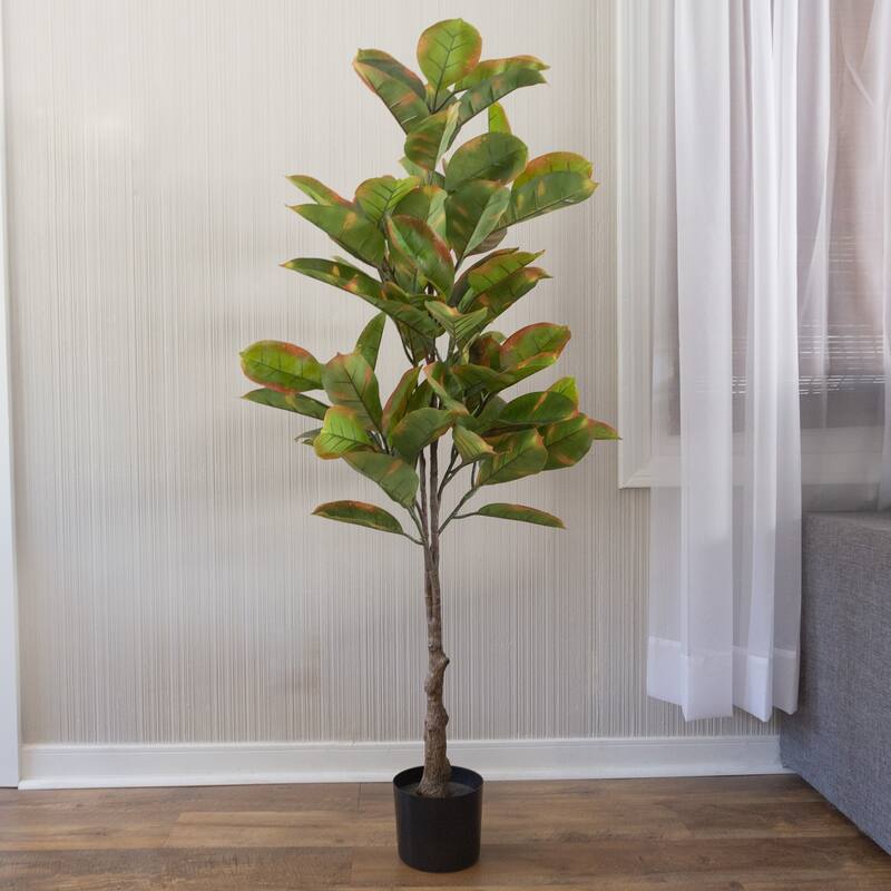 Artificial Rubber Plant - 51-Inch Faux Tree with Natural-Feel Leaves by Pure Garden (Variegated) - 51"