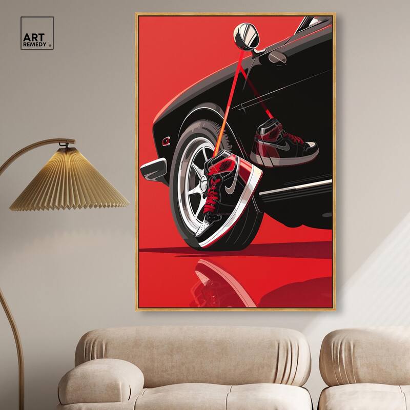 Red Bold Sneaker and Car Canvas by Art Remedy
