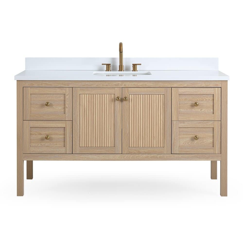 48 Inch Modern Light Oak Single Sink Bathroom Vanity With White Quartz Top