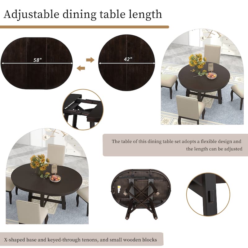 Farmhouse Dining Table Set of 5 with Wood Round Extendable Dining Table and 4 Upholstered Dining Chairs, Casual Coffee Table