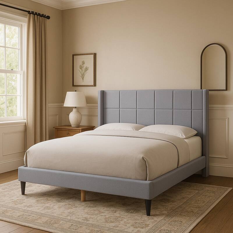 Queen Bed Frame with Wingback/Linen Upholstered Platform Bed with Square Stitched Headboard/Wood Slats Support/Solid Wood Legs