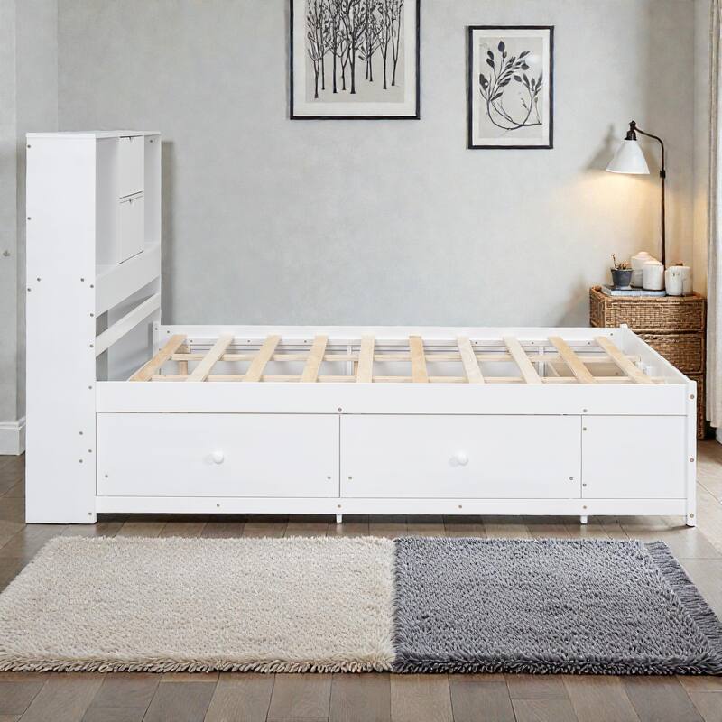 Platform Bed with Headboard Storage and 8 Drawers, Wood Bed Frame with Shelves and No Box Spring Needed