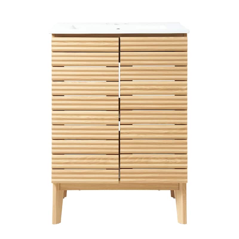 Javer Thin Linear Slat Modern Farmhouse 2-Shelf Bath Vanity Cabinet Only (Sink Basin not Included), by JONATHAN Y - 24 in. - Oak
