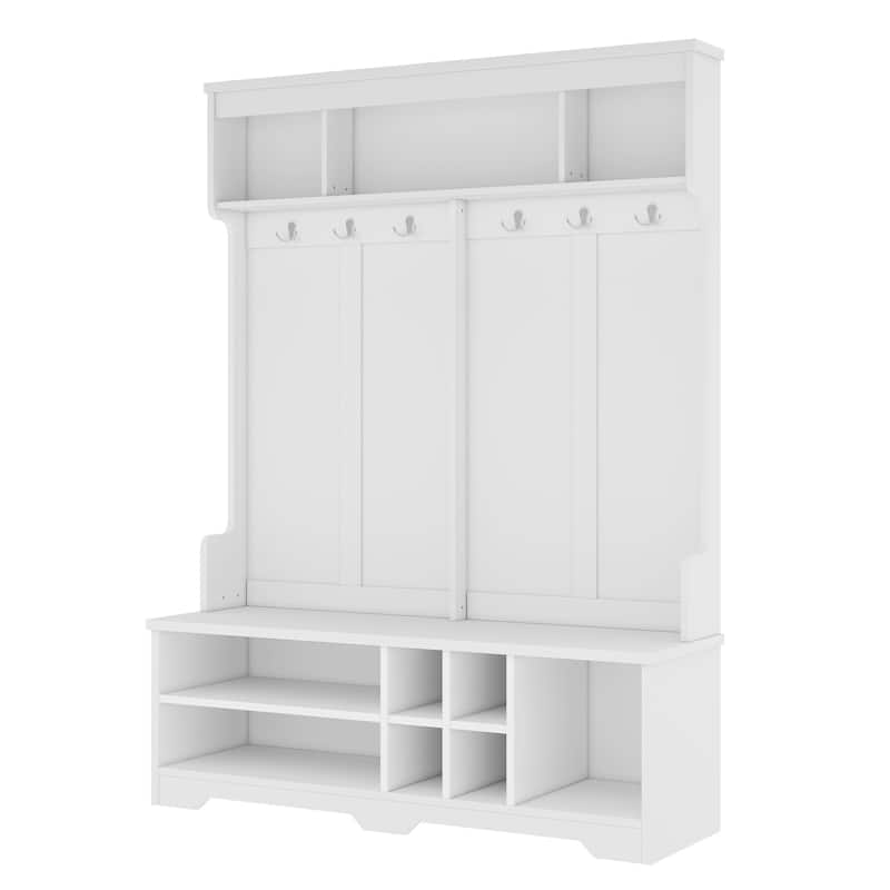 Hall Tree with Metal Hooks & Shoe Storage, Modern Entryway Bench with Cubbies