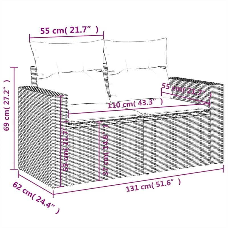 vidaXL Patio Sofa Set with Cushions Outdoor Conversation Furniture Poly Rattan - 25.8" x 24.4" x 27.2"