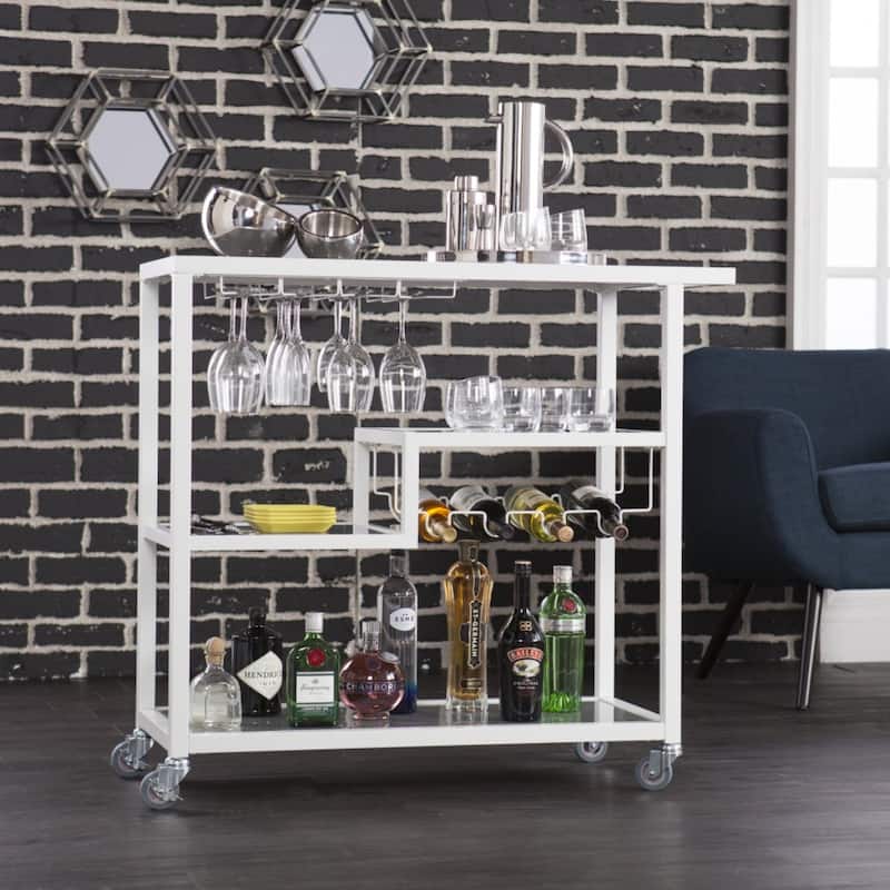 Rectangular Modern Grey-White Bar Cart with Wine Bottle Storage and 8 Glass Holders - 37.25"H x 40"W x 16"D