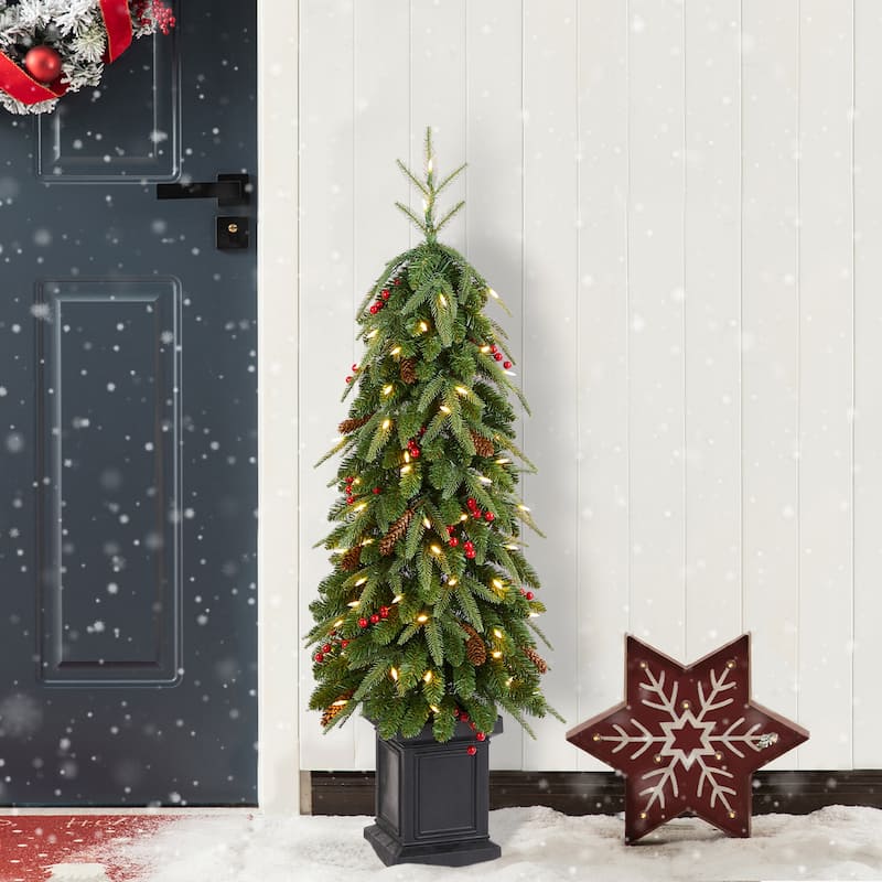 Glitzhome 4ft/6ft/7ft Pre-lit Green Artificial Christmas Porch Tree with Red Berries,Pinecones and 100 Warm White Lights - 1-Piece 4ft