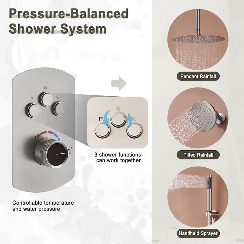 Pressure Balanced 3-Spray Patterns 2.5 GPM 12 in. Dual Shower Head Ceiling Mount Fixed and Handheld Shower Head - 12" x 12"