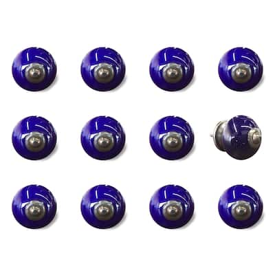 12-Piece Ceramic Round Cabinet Knobs in Navy Blue with Floral Pattern and Copper Backplate Included - 1.5” x 1.5” x 1.5”