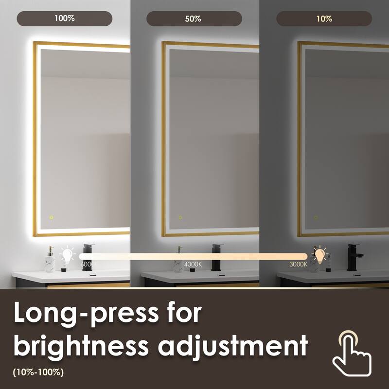 Apollo Rectangular Anti-Fog Dimmable Modern Bathroom/Vanity LED Lighted Wall Mirror in Brushed Gold Aluminum Framed