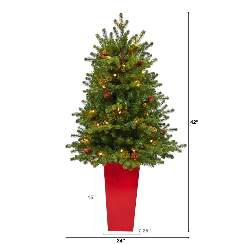 3.5Ft Artificial Christmas Tree with Lights & Pine Cones - Holiday Decor - Red - 36