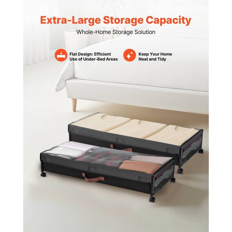 2-Pack Under Bed Shoe Clothing Organizer with Lockable Casters Handles and Clear Top Panel - 35.6 x 15.5 x 5.1 inch