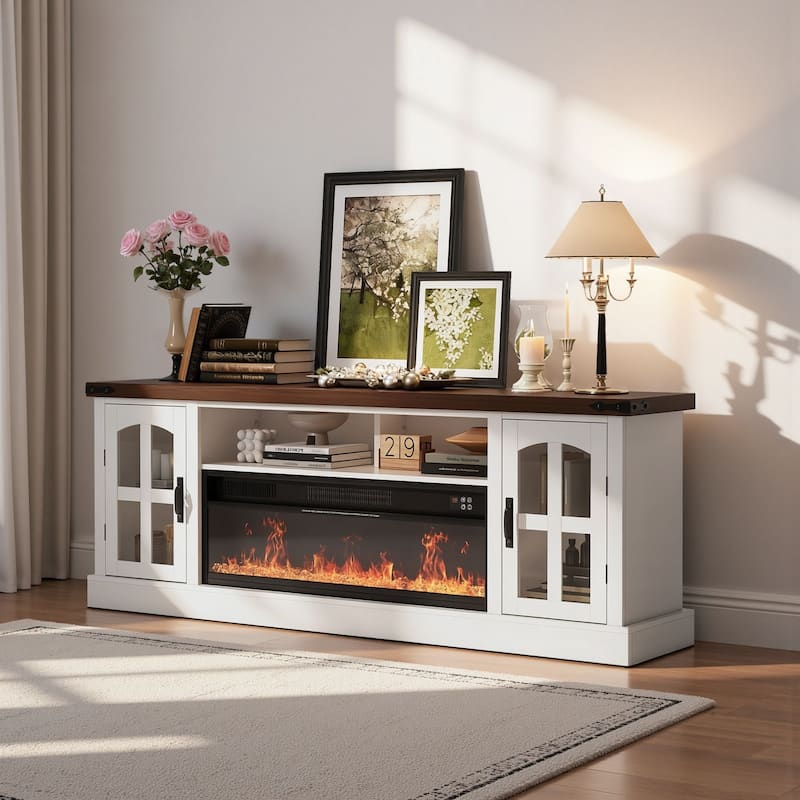 Meyreso 70.8" Vintage Fireplace TV Stand with 36" Electric Insert, Arched Glass Doors & LED Lighting