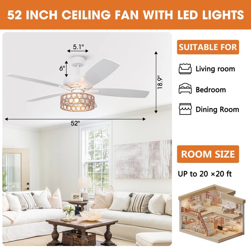 52" Bohemian White 5-Blade Natural Jute Ceiling Fan with Light Kit and Remote