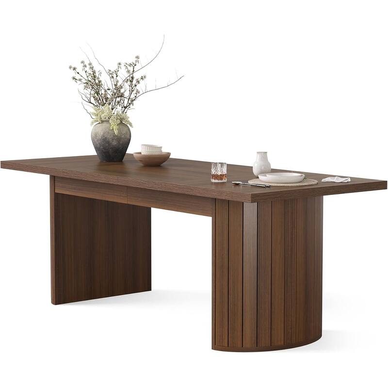 Rectangular Dining Table for 6 People Brown E1 Wood Table with Dual Pedestal Base and Fence Inspired Detailing