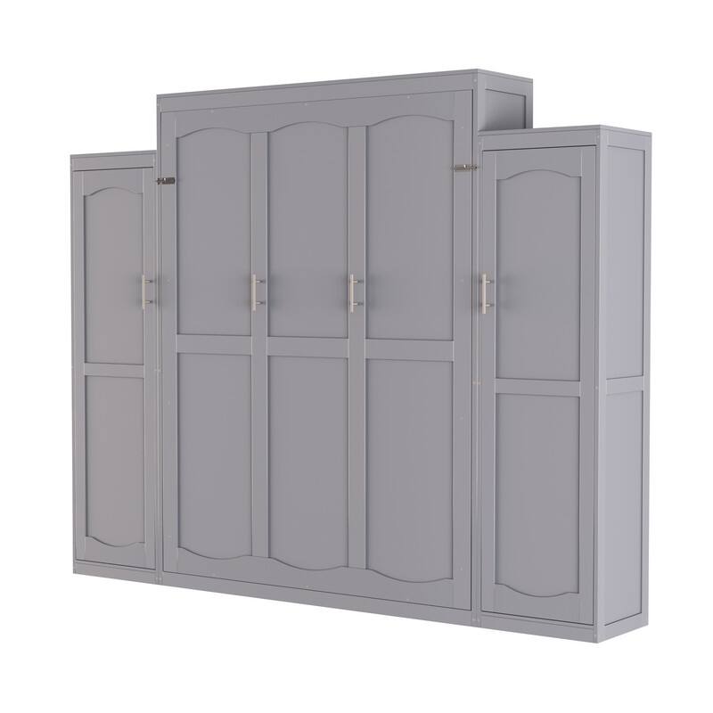 Full Size and Queen Size Murphy Bed, Wooden Queen Wall Bed with 2 Wardrobe and Storage Shelf