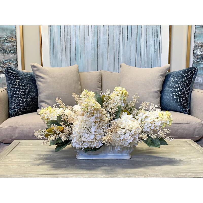 Assorted Hydrangea and Seeded Eucalyptus Arrangement in Oblong Ceramic Planter - Cream, White
