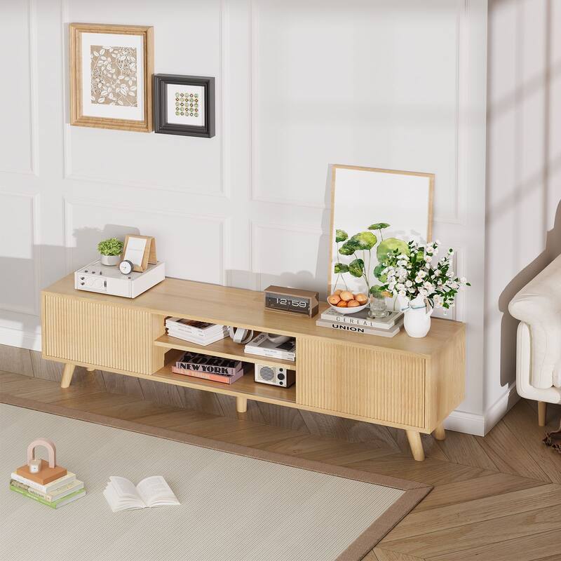 Gymojoy 63" TV Stand for TVs Up to 75 Inches, Boho Entertainment Center with Fluted Sliding Doors & Shelves. - 63"W.