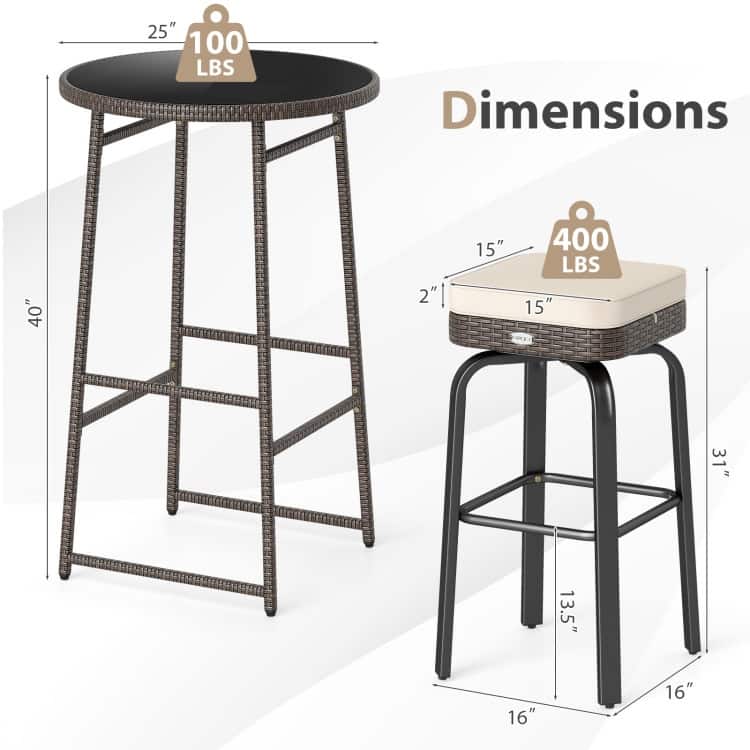 3-Piece Outdoor High Bar Set with Swivel Chairs and Tempered Glass Table Included Cushioned Seats - Table: 25” × 40” (Dia. × H)