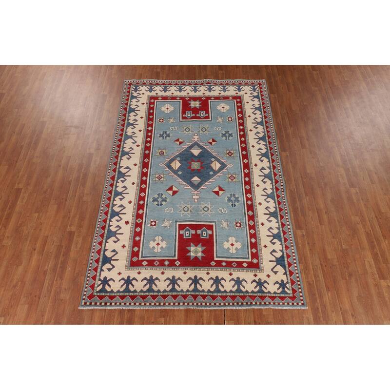 Light Blue Geometric Kazak Area Rug Living Room Handmade Wool Carpet - 6'4" x 9'10"