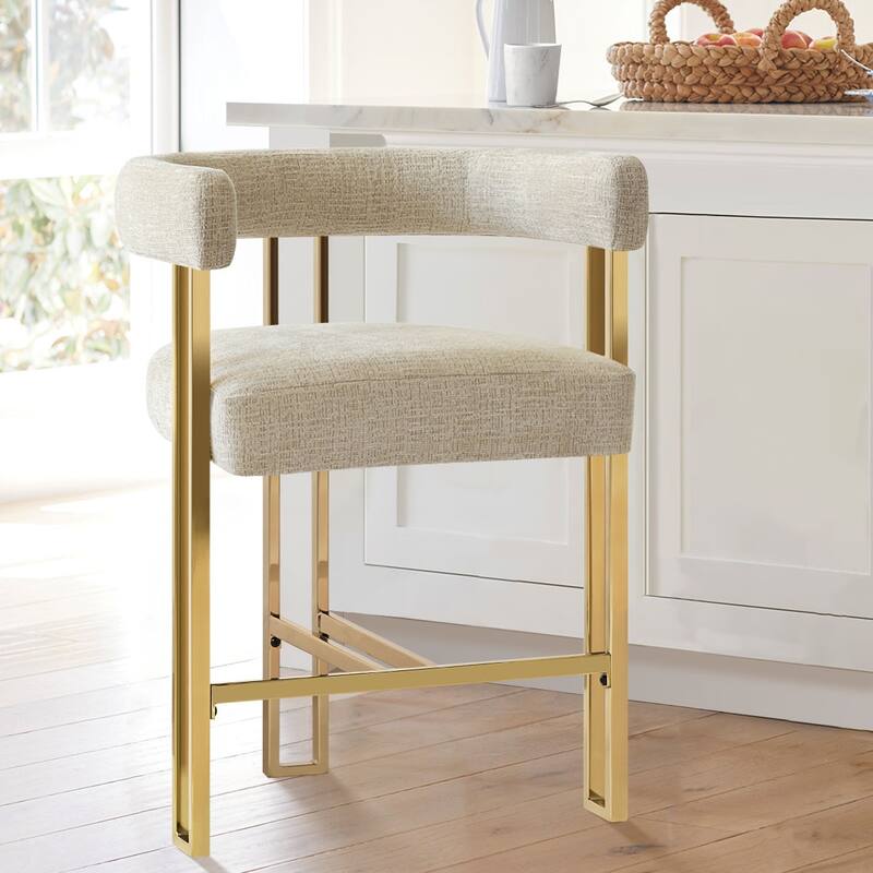 25" Seat Height Upholstered Chenille Gold Matel Counter Stool - Oatmeal-1-piece - Single
