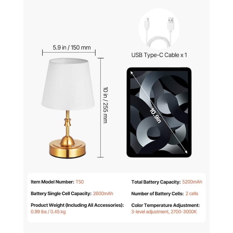 Cordless Rechargeable Table Lamp with Adjustable Brightness & Fabric Shade - 5.9 x 5.9 x 10 inch