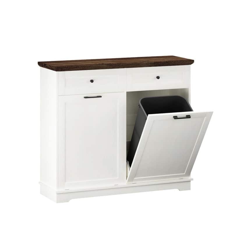 20 Gallon Double Tilt-Out Trash Can Cabinet, Freestanding Wooden Garbage & Recycling Bin with Hideaway Drawer