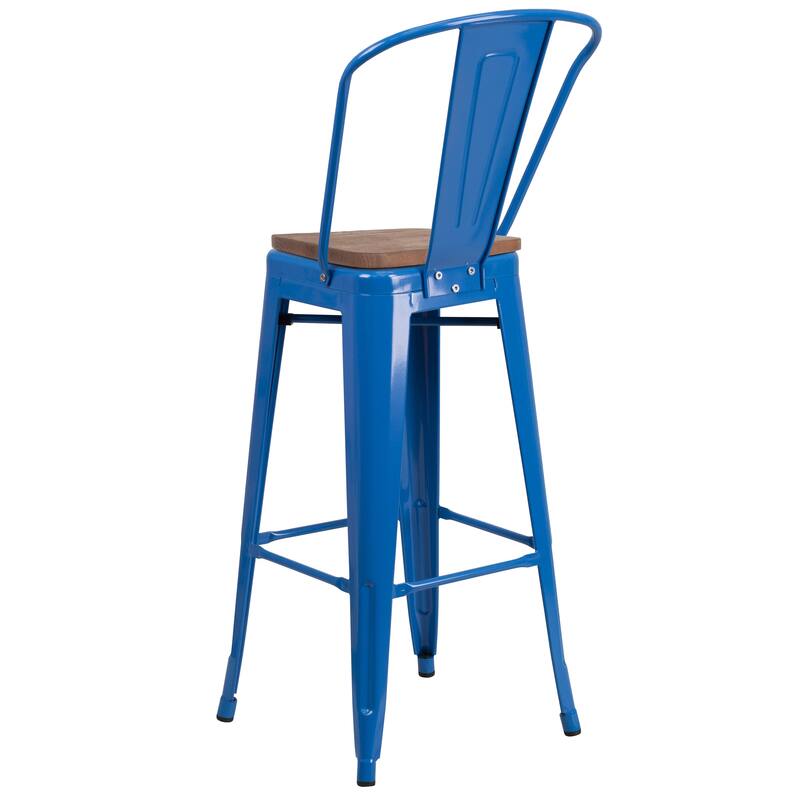 30" High Metal Barstool with Back and Wood Seat - 17.75"W x 20"D x 45.25"H