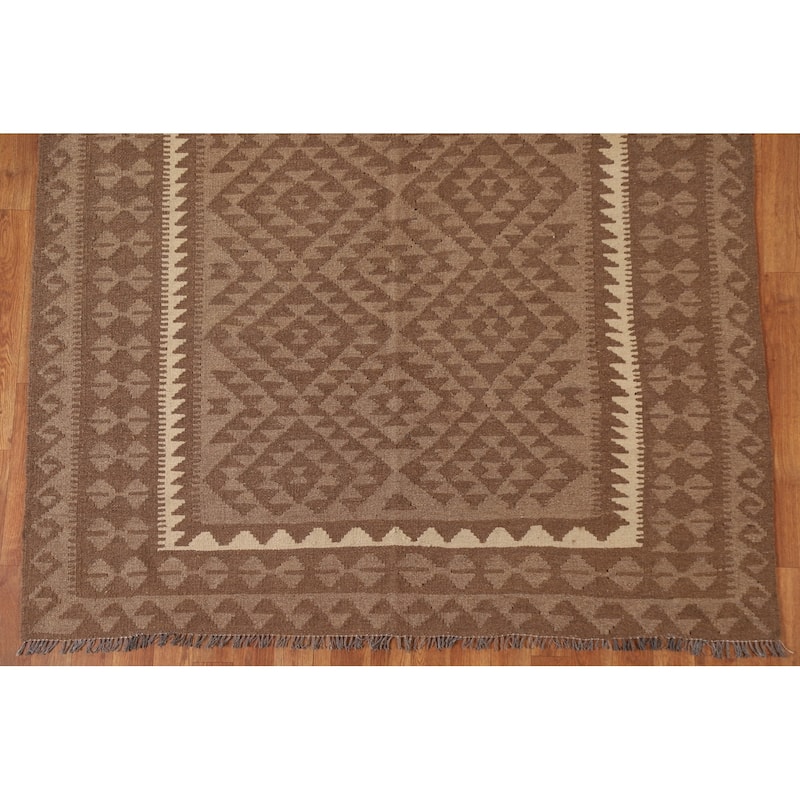 Geometric Kilim Oriental Area Rug Flat-weave Brown Wool Carpet - 5'2" x 6'8"