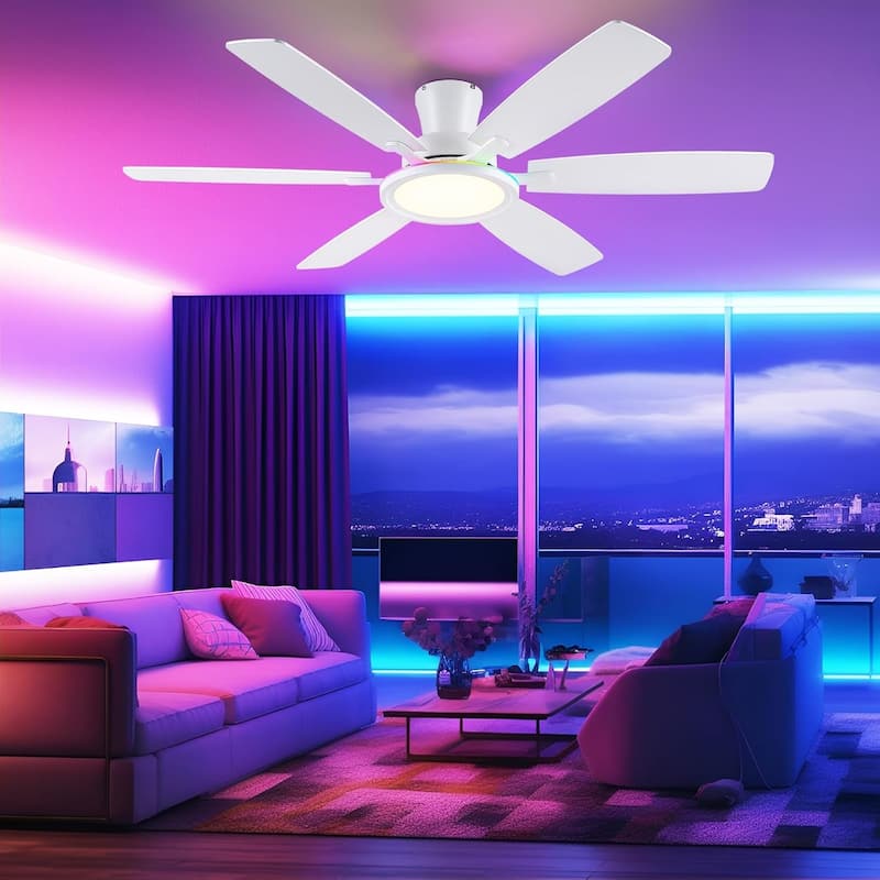 52 Inches RGB Flush Mount Ceiling Fan with Light,Reversible DC Motor for Bedroom Living Room Patio - 52 Inches
