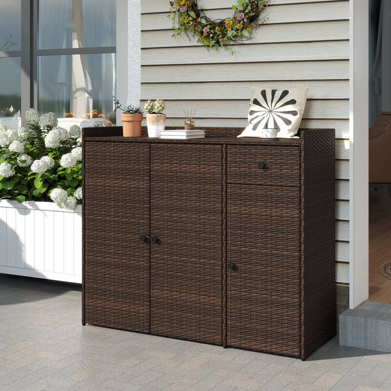 Costway Outdoor PE Wicker Storage Cabinet with 3 Doors Adjustable - See Details