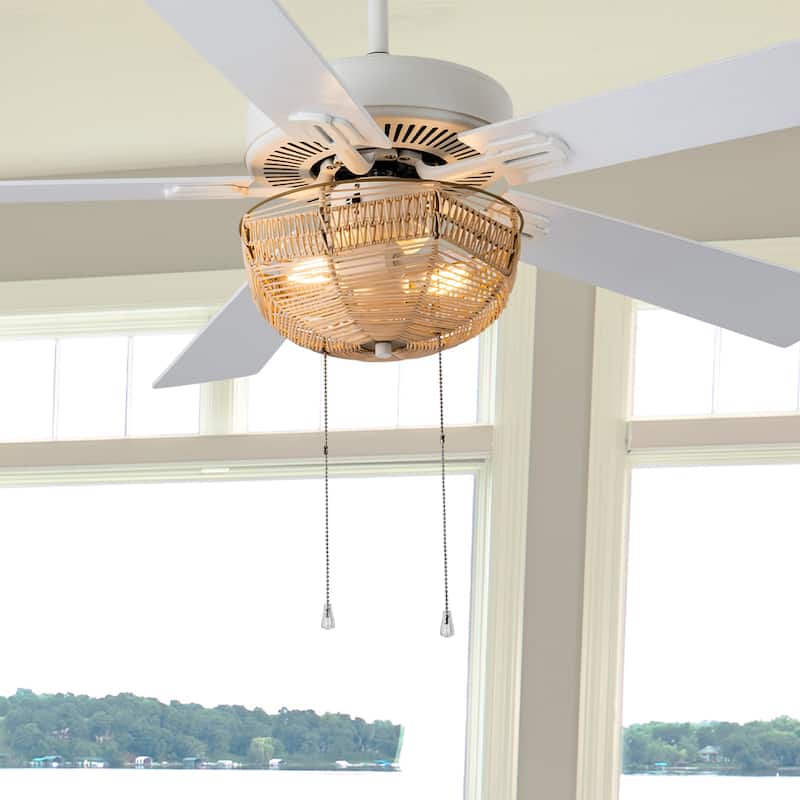 Dylan River of Goods White Metal and Rattan 52-inch 2-Light Ceiling Fan - 52" x 52" x 13.75"/18.75"