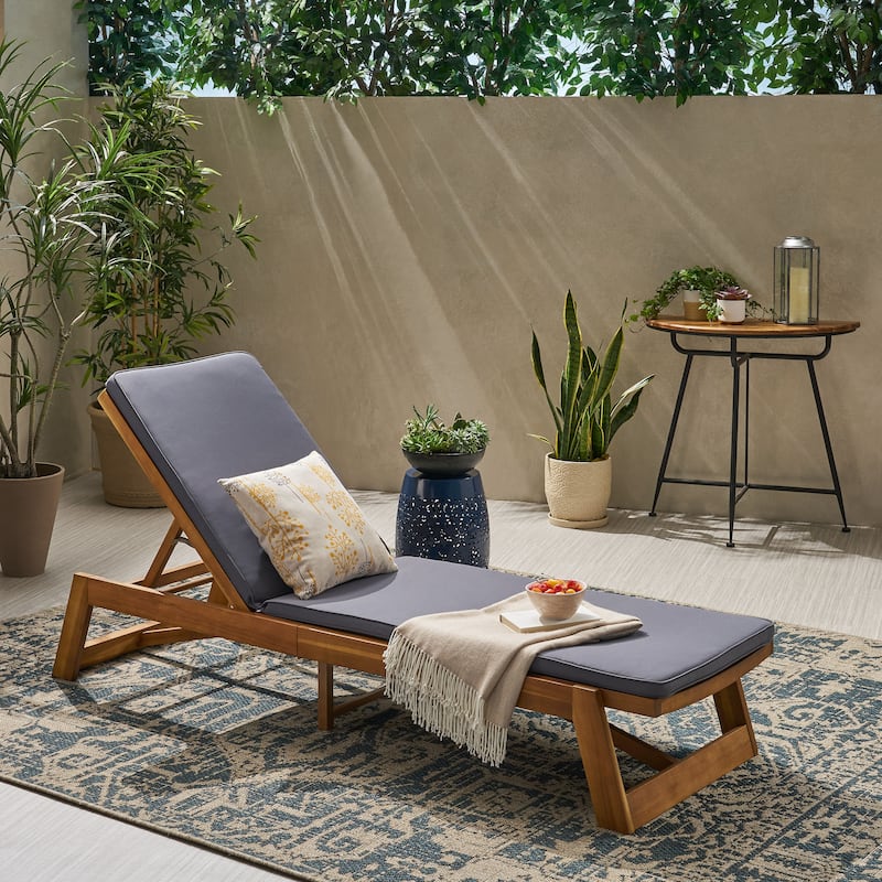Maki Outdoor Acacia Wood Chaise Lounge and Cushion Set by Christopher Knight Home - Teak Finish+Natural+Dark Gray
