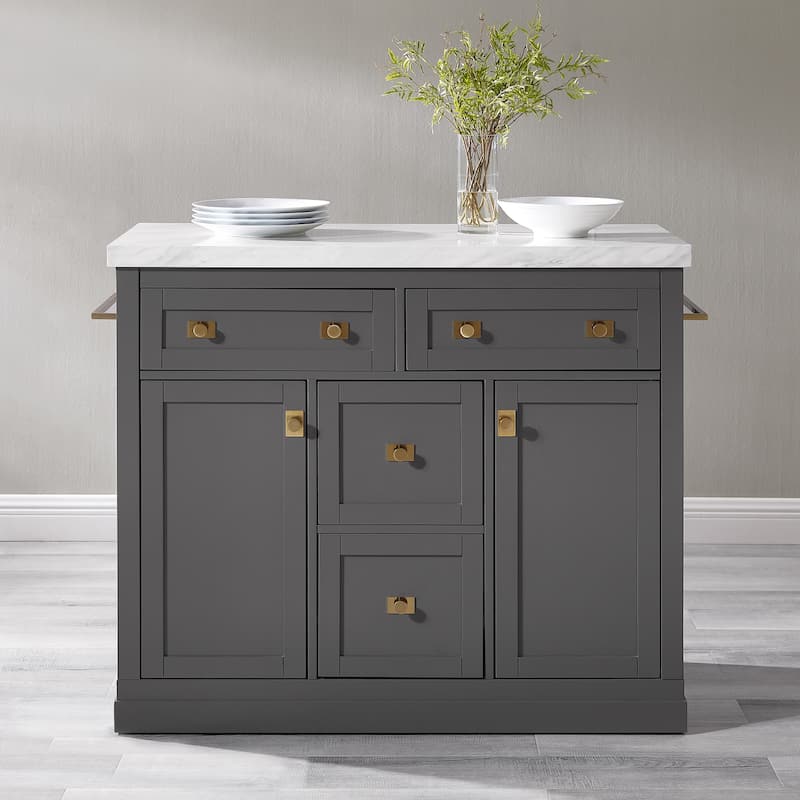 Gray Kitchen Island with White Faux Marble Countertop, Cabinets, Drawers, and Elegant Hardware for Modern Homes