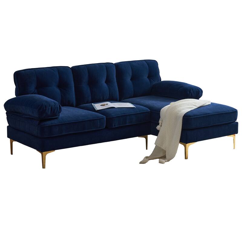 Velvet Sectional Sofas Couches with Pillow Top Arms and Upholstered Backrest, Modern L-Shaped Couches with Metal Legs