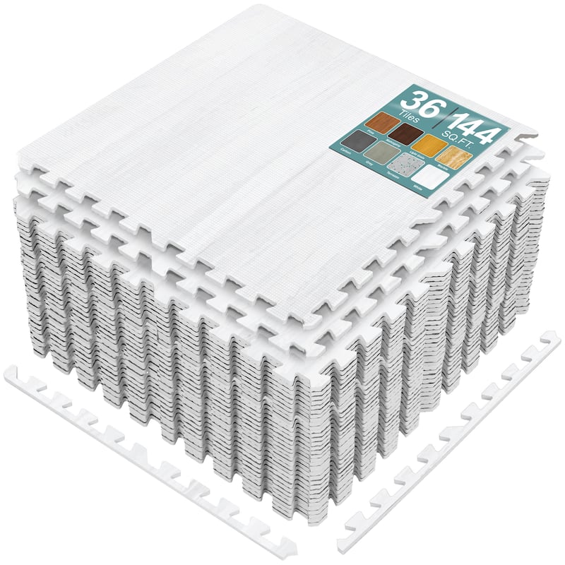 Sorbus 144 Sq. Ft. Wood Grain Floor Tiles Foam Mat EVA Interlocking Mats Tile 3/8-Inch Thick Flooring Wood Puzzle Exercise Mats - White Wood Grain