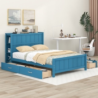 Blue Full Platform Bed with Drawers, Storage Shelves, Headboard & Footboard