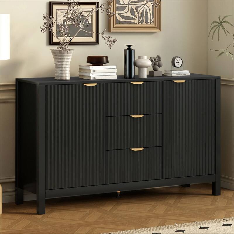 Entryway Buffet Cabinet with Wave 2-Door and 3 Drawers, Adjustable Shelves for Stylish Storage
