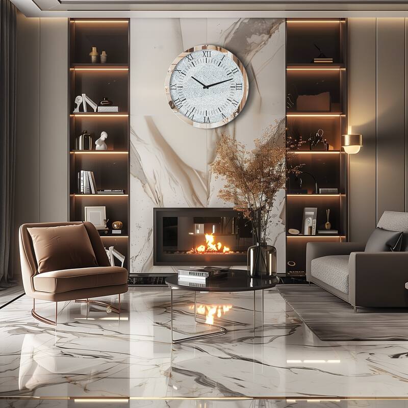 24" Large Silver Round Mirror Wall Clock Twinkle Crystal Diamond