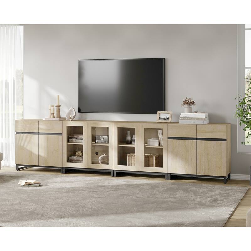 4-in-1 TV Stand for 120" TVs, Entertainment Center with Glass Doors & Metal Legs - 126 inches - Beige
