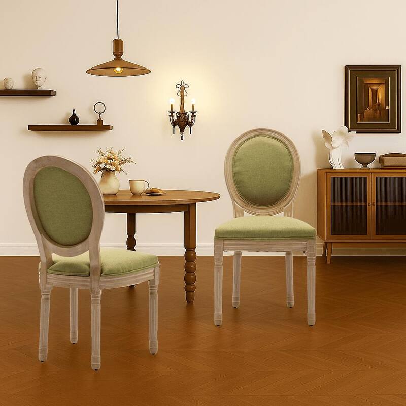 Vintage French Style Set of Two Linen Upholstered Dining Chairs with Solid Rubberwood Frame Legs -  Olive Green