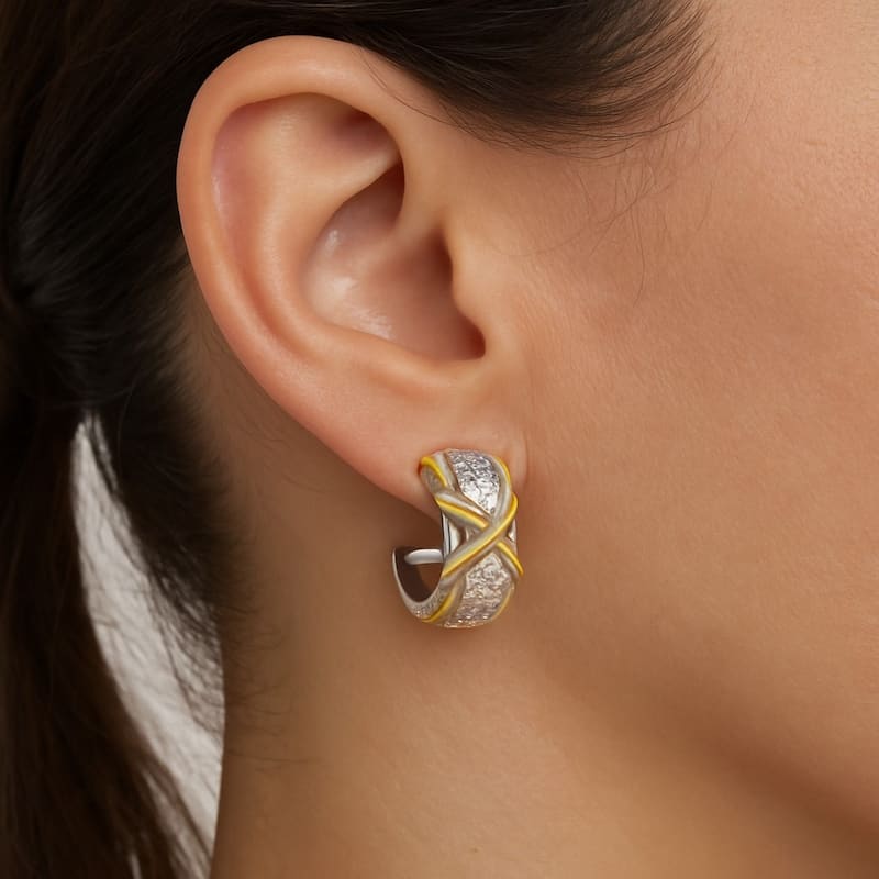 Rivka Friedman 18K Gold Clad Hoop with CZ and White Rhodium Clad - 1"