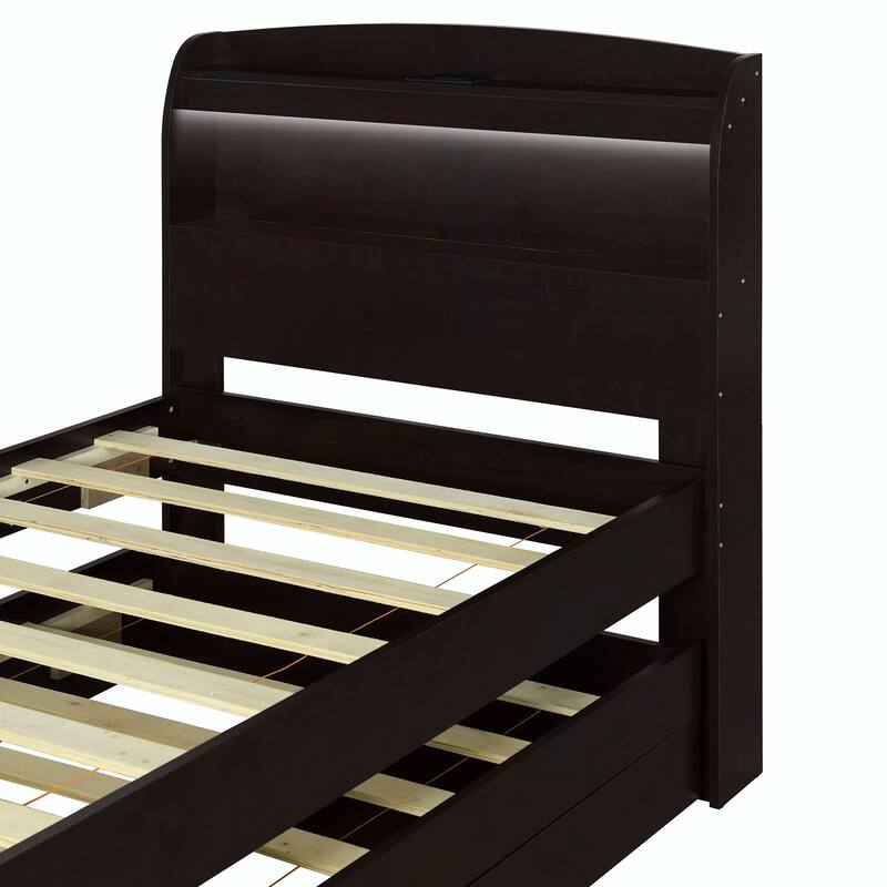 Platform Bed with Storage LED Headboard, Charging Station, Twin Size Trundle and 2 Drawers
