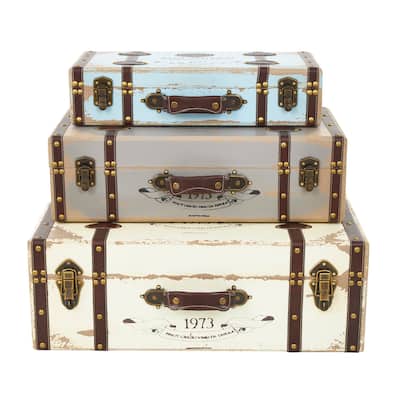 Wooden Nesting Trunk with Vintage Accents and Studs - Set of 3 Multi Colored - Roche River Decor - Multi Colored - 14"Wx23"Lx8"H