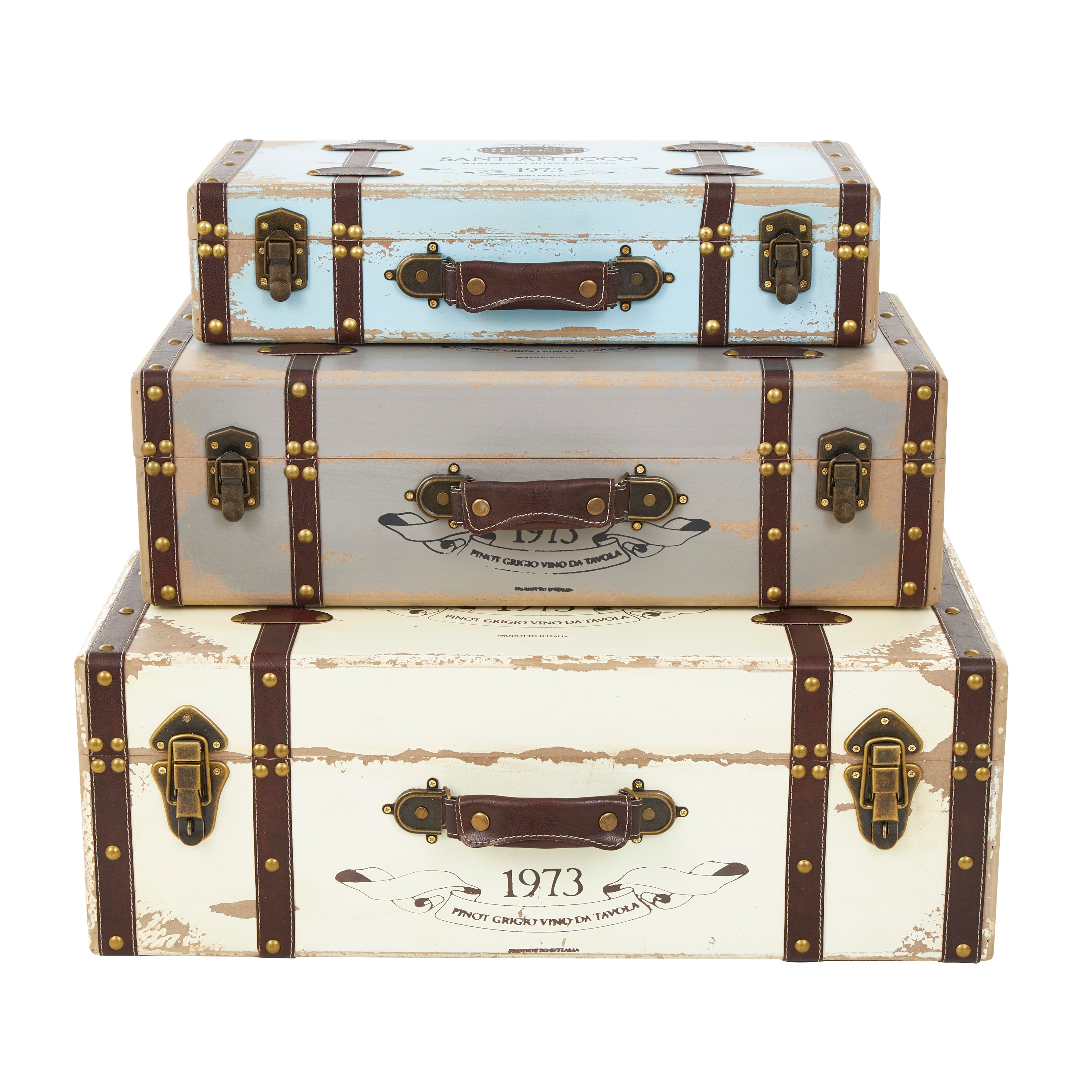 Wooden Nesting Trunk with Vintage Accents and Studs - Set of 3 Multi Colored - Roche River Decor - Multi Colored - 14"Wx23"Lx8"H