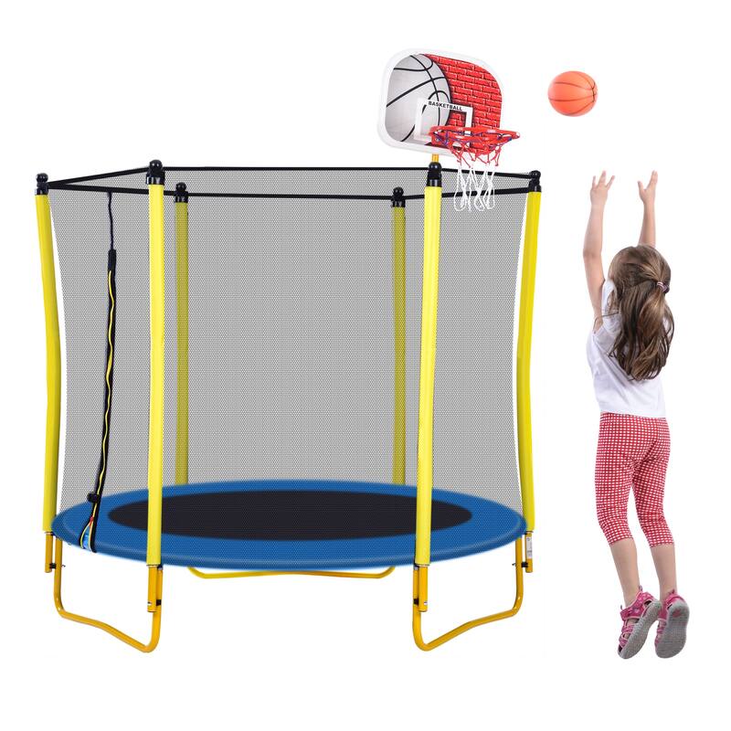 Trampoline Outdoor & Indoor Mini Toddler Trampoline with Enclosure, Basketball Hoop and Ball Included