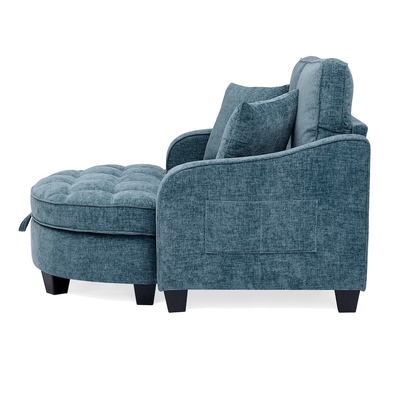 Two-Seater Chaise Longue Sofa with Storage Footrest, Irregular Armrests & Throw Pillows for Living Room & Bedroom