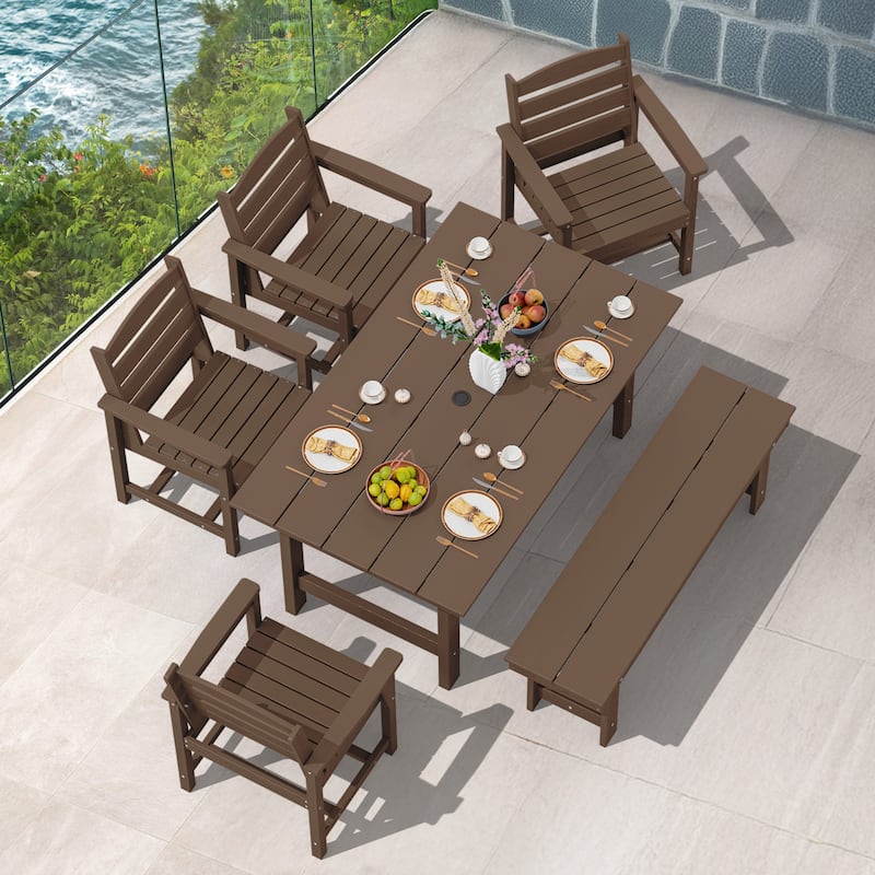 6-Piece HDPE Outdoor Dining Table Sets with Umbrella Hole - 1-Table 4-Chairs-1-Bench